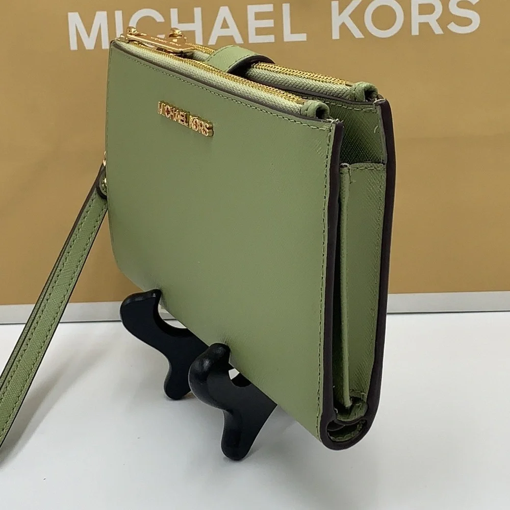 MICHAEL KORS LARGE DOUBLE ZIP WRISTLET WALLET LIGHT SAGE COLOR